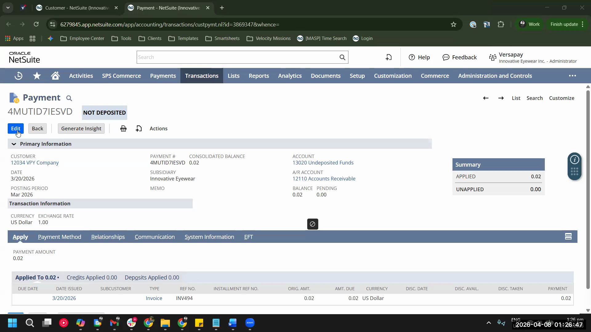 Payment record Applied/Unapplied summary